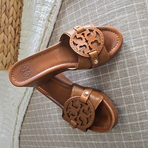 Tory Burch Tan Leather Selma Platform Wedge Sandals